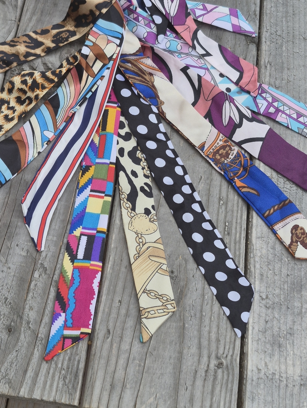 Bundle Of 9 Satin Multi-Pattern Skinny Scarfs Bag Ties - Assorted Styles - Picture 7 of 7